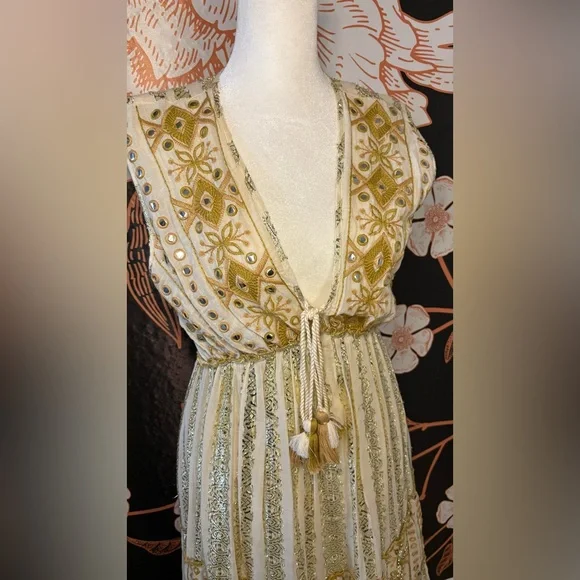 STUNNING Embroidered Maxi Dress in Metallic Gold & Cream w/ Mirror Accents - Picture 4 of 7